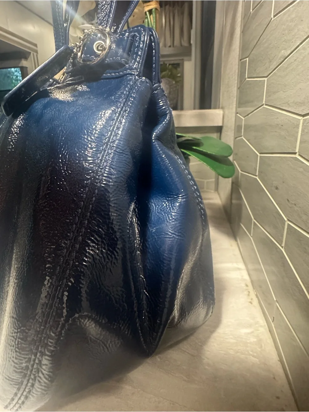 EUC Coach Navy Blue Patent Leather Pleated Shoulder Tote